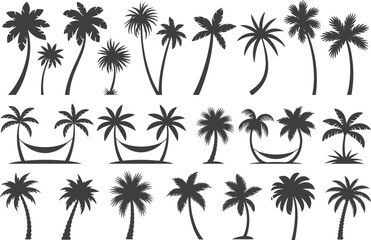 Palm tree silhouette collection, tropical beach coconut trees, summer island holiday design, hammock illustration for travel vacation, exotic nature artwork, flat vector illustration