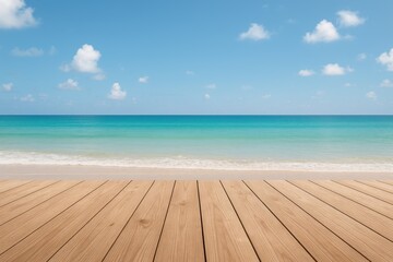 Fototapeta premium Seaside wooden patio from a perspective that highlights the vast seascape and open background area