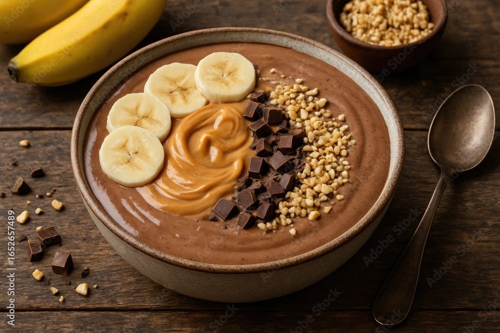 Poster banana and peanut butter blend with chocolate smoothie in a rustic setting