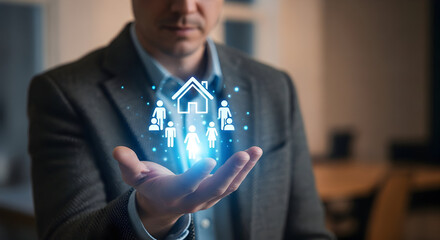 Businessman holding a holographic representation of a family home.