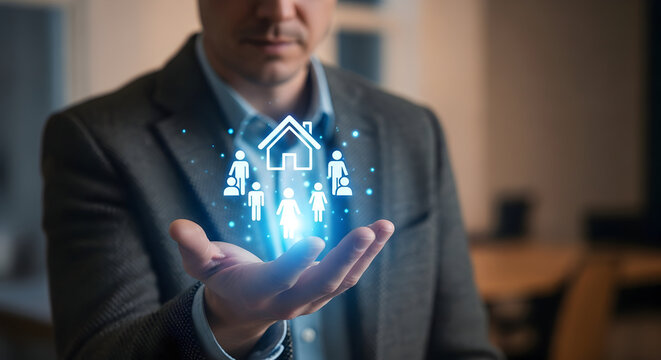 Businessman holding a holographic representation of a family home.