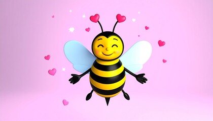 Cartoon Bee with Heart Antennae and Pale Blue Wings on Pink Background