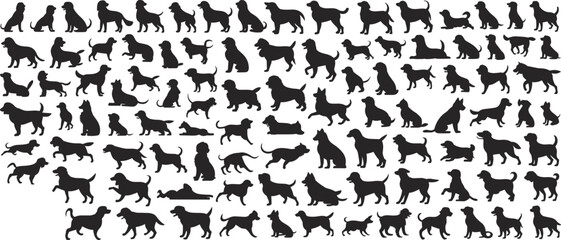 Silhouette dogs in various poses, playful puppy collection, pet animal walking running sitting, domestic canine illustration, pet lover design, flat vector illustration