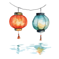 Two Vibrant Watercolor Lanterns Hanging on a String