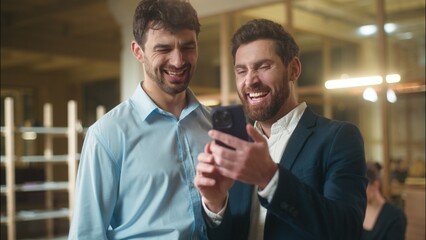 Happy businessmen colleagues friends male business partners guys fellows Caucasian men funny...