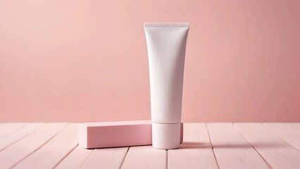 White Cosmetic Product Tube Mockup on Pink Wooden Table 