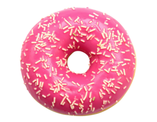 A vibrant pink glazed donut topped with a generous amount of creamy white sprinkles seen from a topdown perspective.