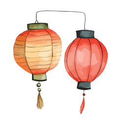 Obraz premium Two Watercolor Chinese Lanterns Connected by a Thin Black Line