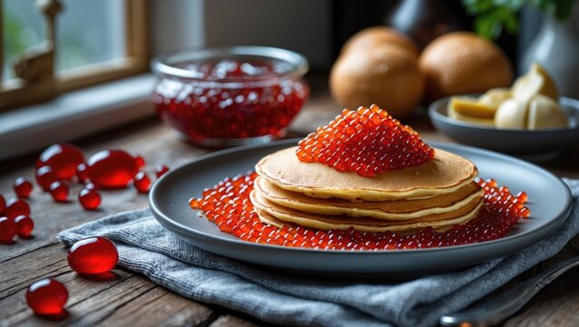 Red caviar served on homemade pancakes for a festive snack during Shrovetide