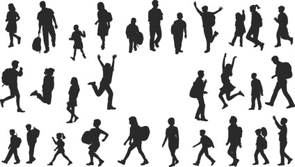 Silhouette children with backpacks, students walking and playing, happy kids jumping, back to school concept, education lifestyle illustration, flat vector illustration