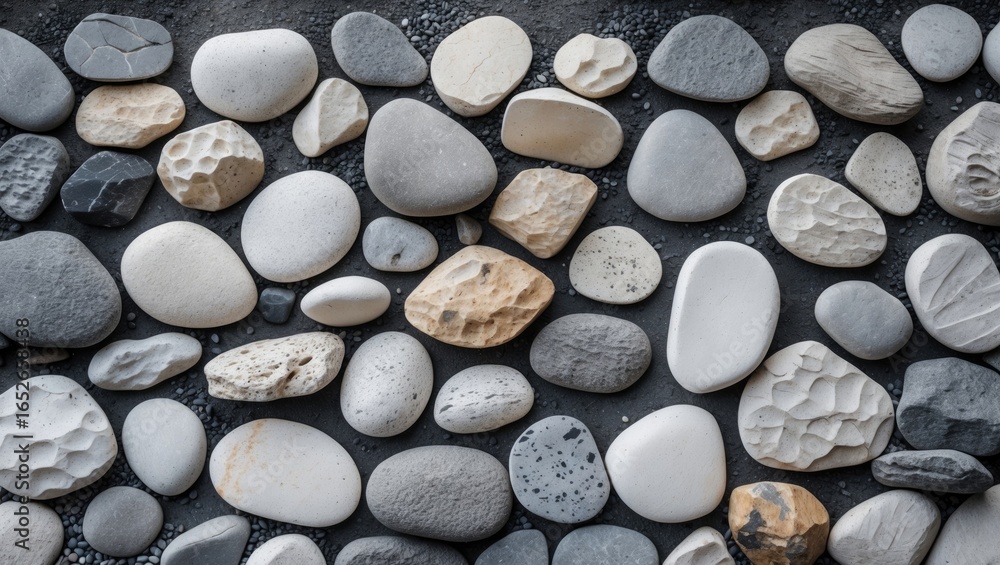 Poster pebble stone layer laid on surface for building in a grayscale palette