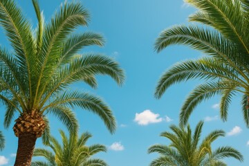 Clear sky adorned with palm tree fronds on a warm sunny day, ideal for vacation themes. Tropical scenery with plenty of room for text.