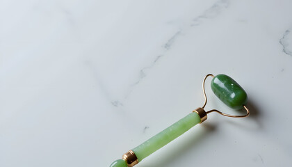 Jade roller placed diagonally near closed eye on light grey marble backdrop  