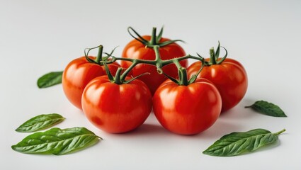Bright red fresh tomatoes arranged against a white backdrop