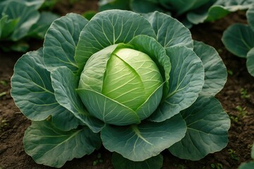 Fototapeta premium Fresh white cabbage flourishing in a farm's vegetable patch, showcasing organic farming methods.