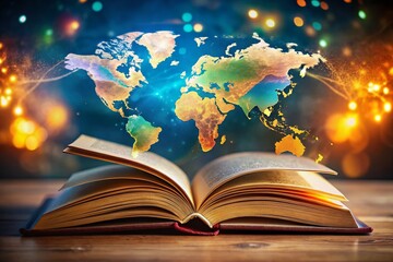 Double Exposure: Education, Books, and World Map - Conceptual Stock Photo