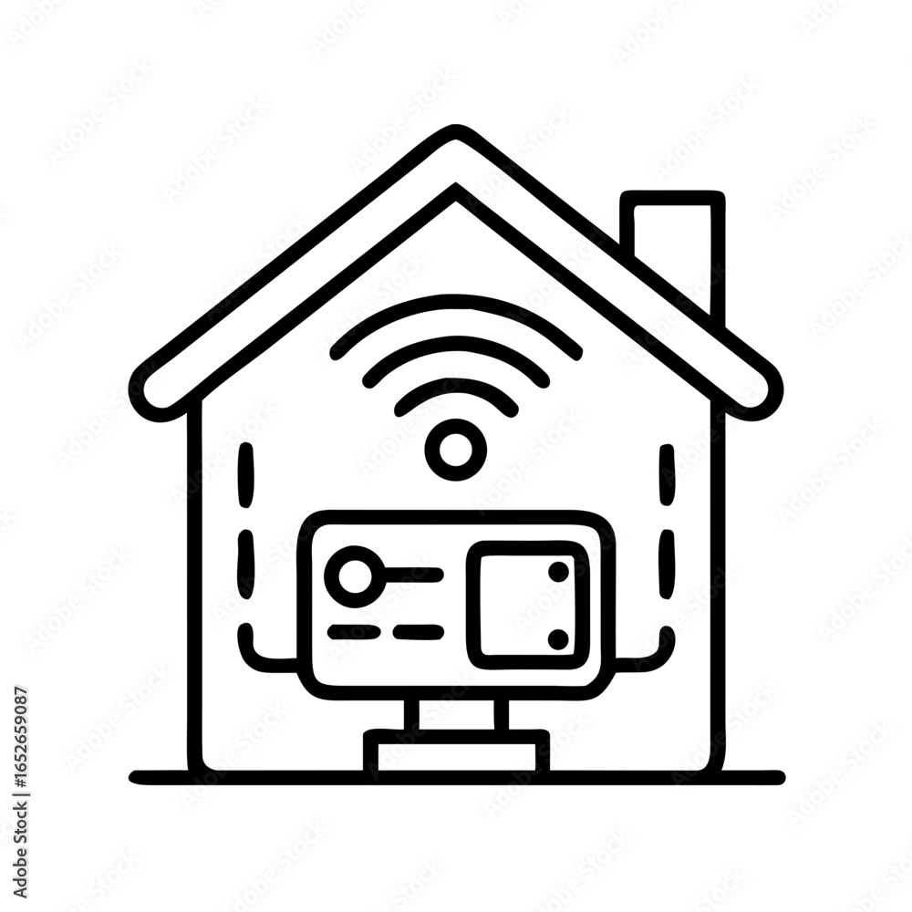Poster smart home controlled by desktop computer icon. modern technology and artificial intelligence concep
