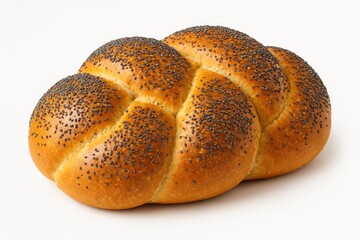 Freshly made loaf with poppy seeds set against a white background