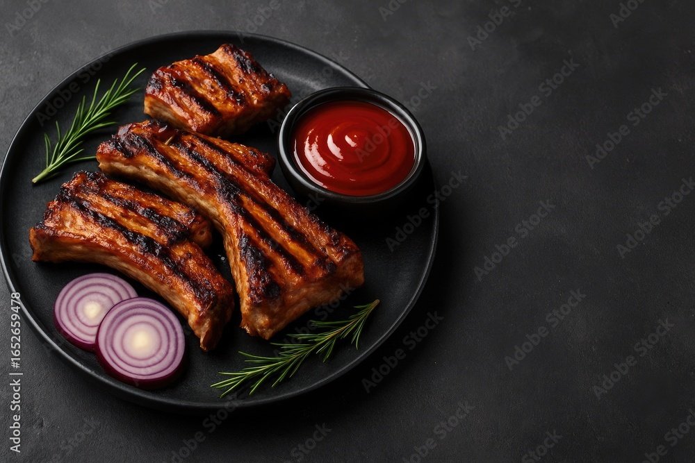 Poster savory fried ribs topped with fresh rosemary and onions, accompanied by sauce on a textured concrete