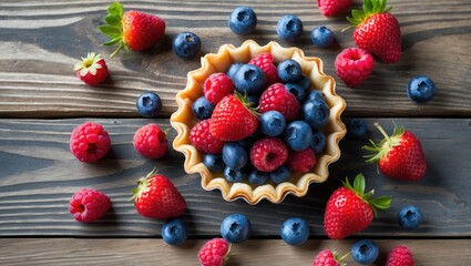 Assorted ripe berries served in mini tart crusts against a wooden backdrop