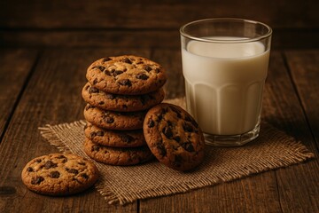 Delicious freshly baked chocolate chip cookies alongside a milk glass on a vintage wooden table. The lighting.