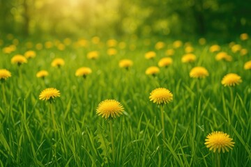 Obraz premium Lush green turf adorned with cheerful yellow dandelions