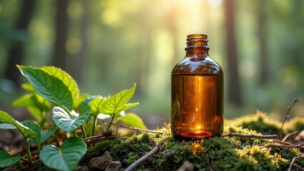 Amber glass bottle on forest floor surrounded by sunlit greenery in natural setting