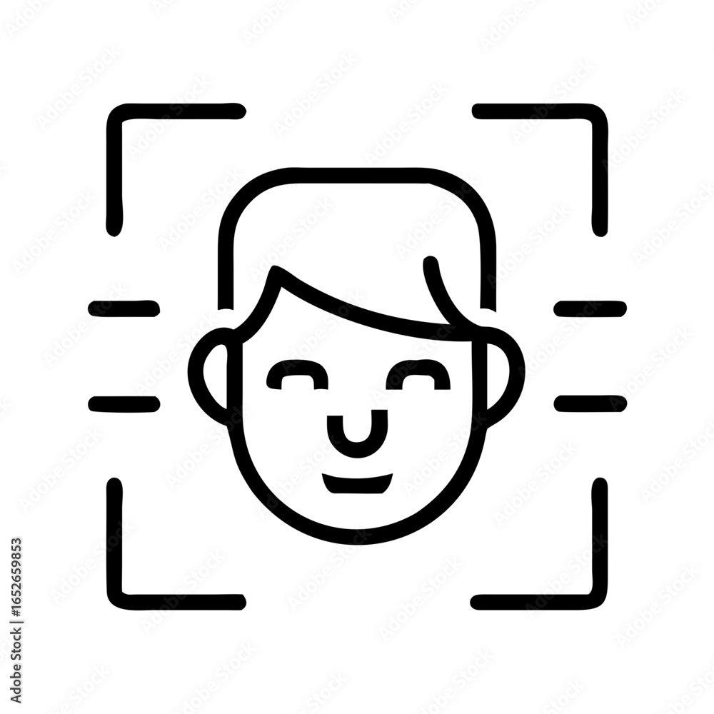 Poster a happy man face with scanning lines, symbolizing facial recognition or biometric authentication. mo
