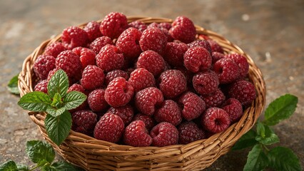 Woven basket holding fresh raspberries alongside mint leaves