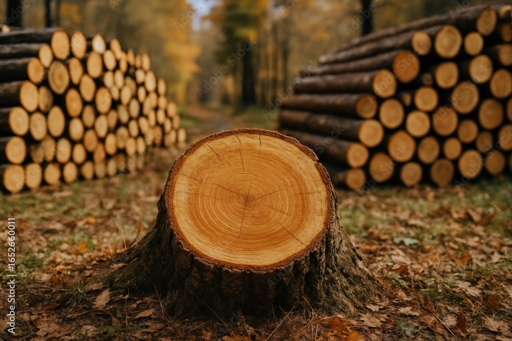Poster recently cut tree base with wood piles in the background, emphasizing the importance of saving trees