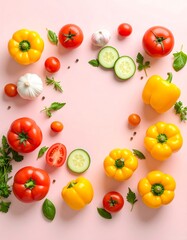 Fresh vegetables and herbs arranged on a light pink background, creating a vibrant and healthy food flat lay