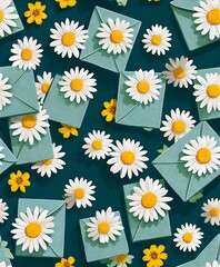 Envelopes and daisies create a vibrant floral pattern on dark green background