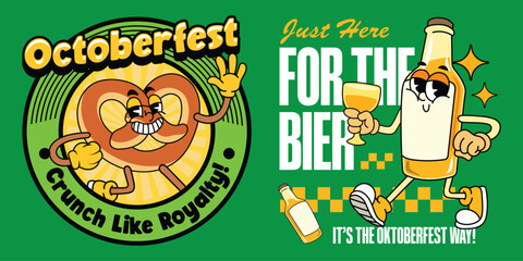Set of Pretzel and Beer bottle Oktoberfest character in retro style