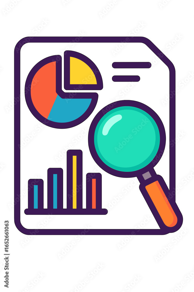 Poster colorful analytics report with pie chart and magnifying glass project analysis icons variance