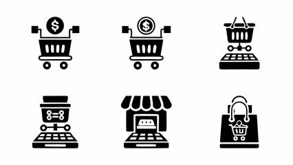 Illustration of six different e commerce icons including shopping carts and bags with dollar signs and laptops |  editable eps vectors silhouette