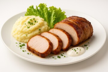 Savory pork cutlets accompanied by potatoes and crisp lettuce