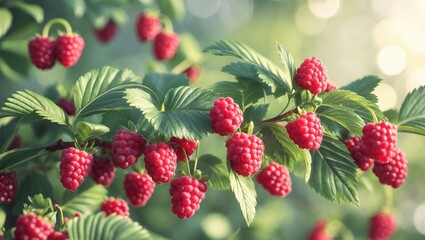 Fresh ripe red raspberries clustered on a plant with green leaves