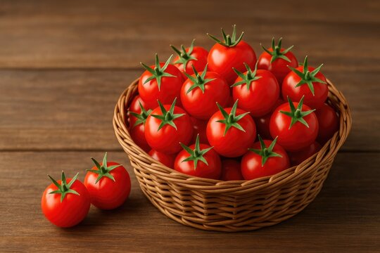 Vibrant cherry tomatoes ready for harvest in a woven basket atop a wooden table