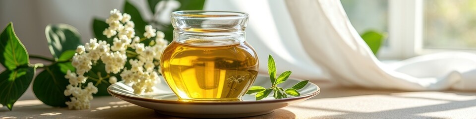 Sunny morning honey jar with white flowers and green leaves in cozy setting