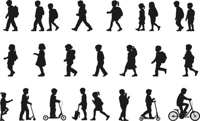 Silhouette children walking, kids with backpack, riding scooter, cycling, vector illustration for school, education, lifestyle, transportation, childhood activities, graphic design