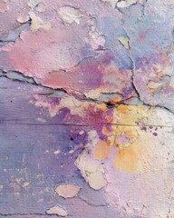 Abstract pastel texture with cracks and paint peels, showcasing vibrant hues of purple, orange, and pink in artistic form