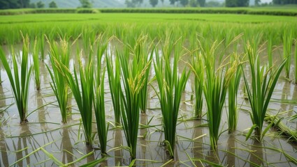 Fototapeta premium Harvest-ready rice vegetation in the agricultural fields