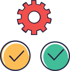 Red gear symbol above two circular checkmarks one yellow and one green representing process and completion