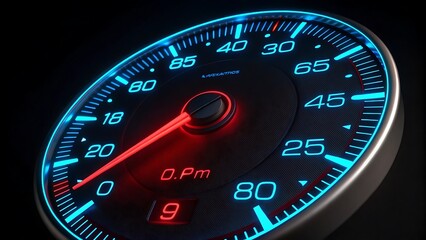 Glowing blue illuminated car speedometer with needle and rpm dial 
