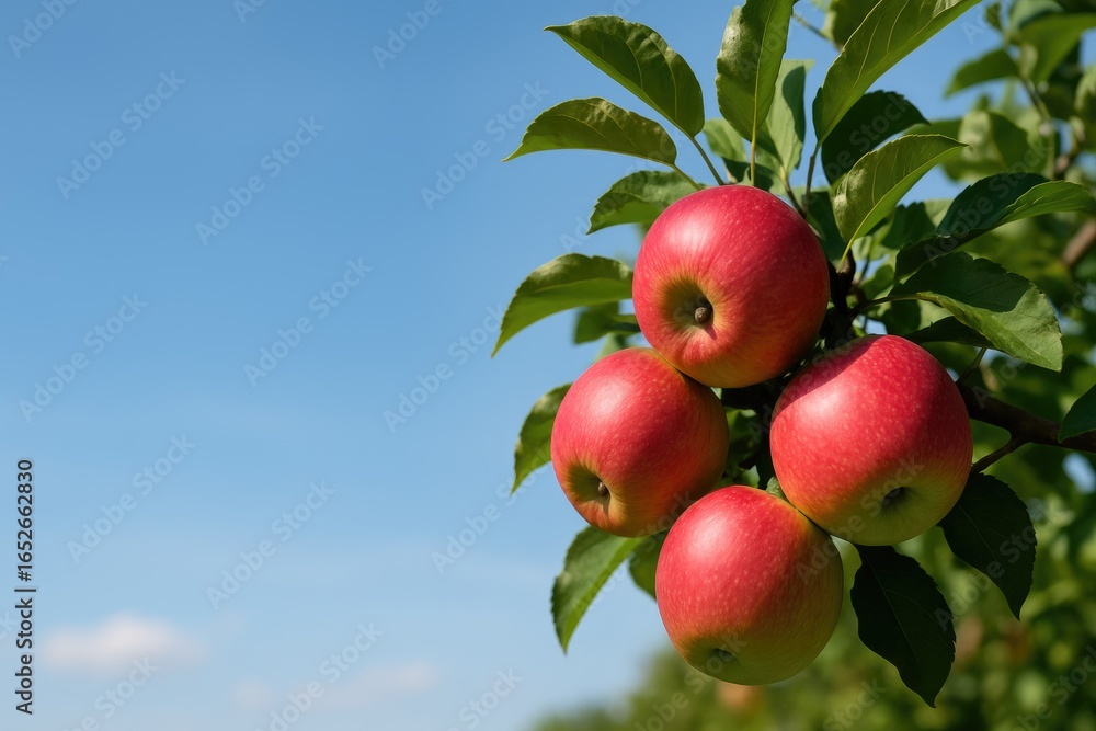 Poster fresh apple harvest on a tree with an open background for overlaying message