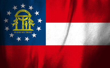 Georgia state flag swirling in the wind against a vibrant backdrop