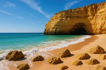Large stones by a popular beach, ocean waves hitting the coast, panoramic view of the canyon, stormy ocean scene
