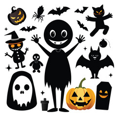 Fototapeta premium Vector cartoon set of spooky Halloween icons including pumpkins, ghosts, bats, and witches for holiday celebration design
