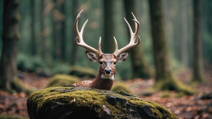 Antler of a roe deer resting on a mossy stone amidst the forest