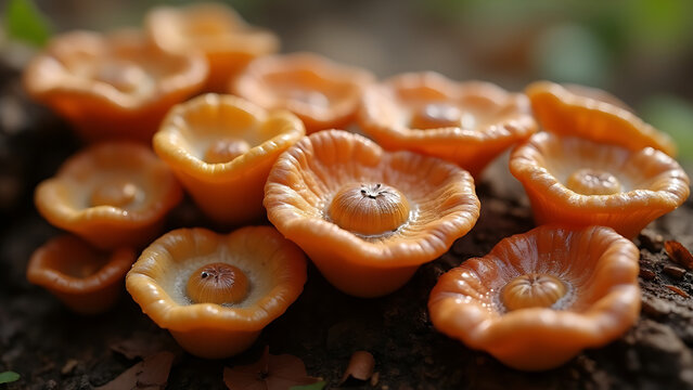 A close-up image showing various species of Ascomycetes fungi. The scene clearly highlights the distinctive saclike structures (ascomycetes) containing sexual spores 